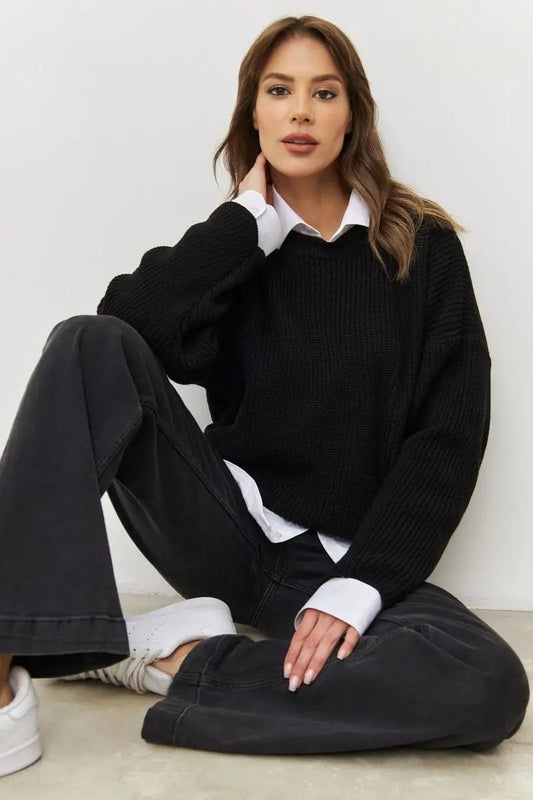 Solid Knit Crewneck Pullover Sweater S / Black