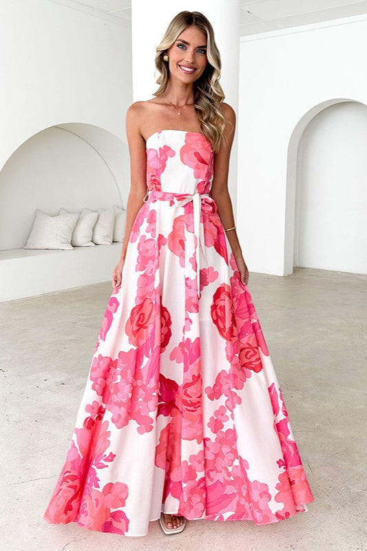 Robe longue sans bretelles à imprimé coloré et lien