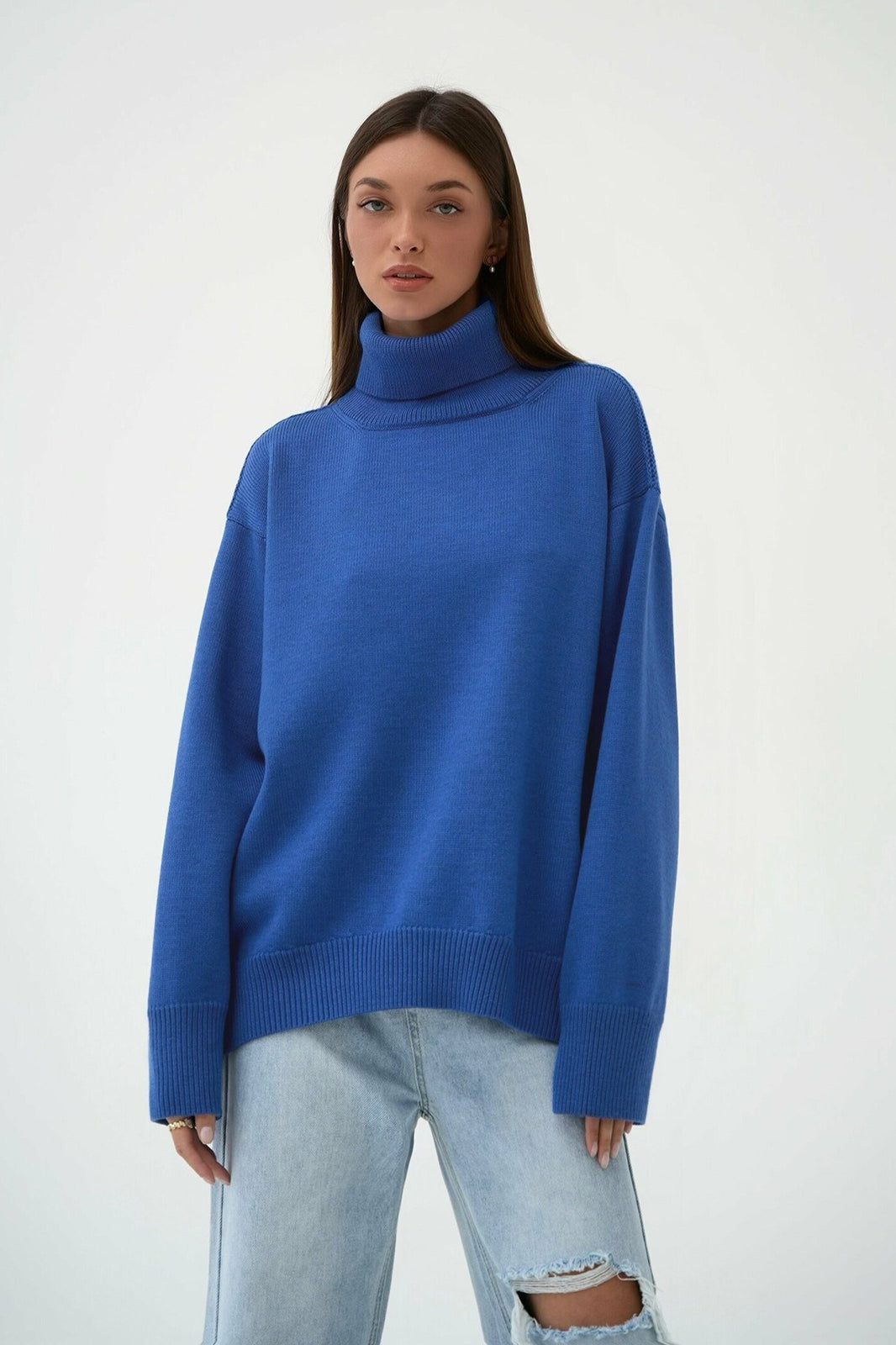 Turtleneck Loose Knit Pullover Sweater Blue / S