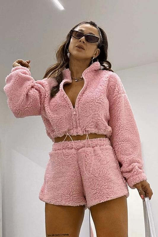 Fleece Lined Bubble Fleece Cropped Two Piece Set