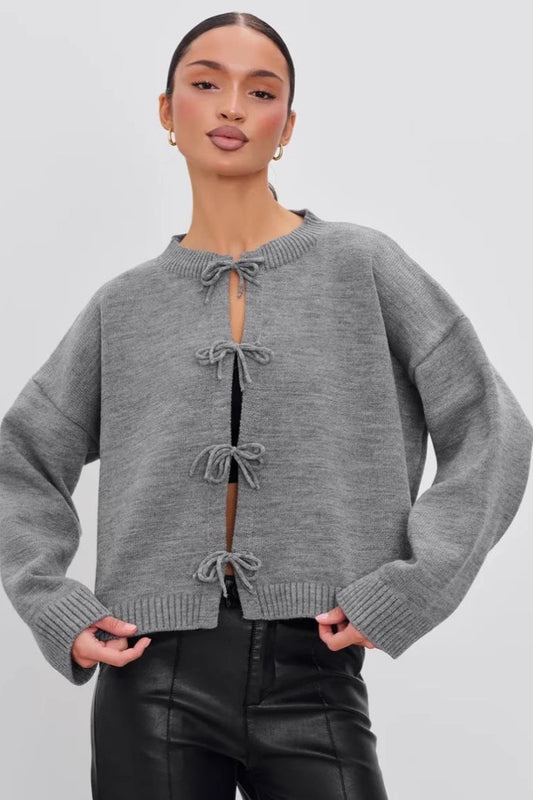 Tie Front Crew Neck Relaxed Knit Cardigan