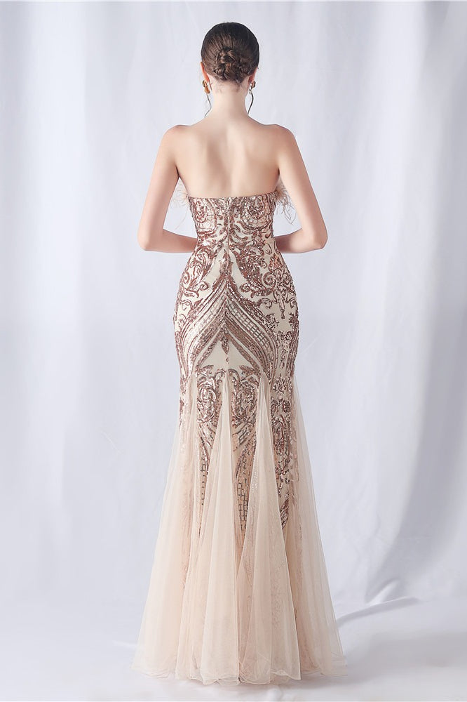 Ostrich Feather Sequin Evening Party Dress Gold / S