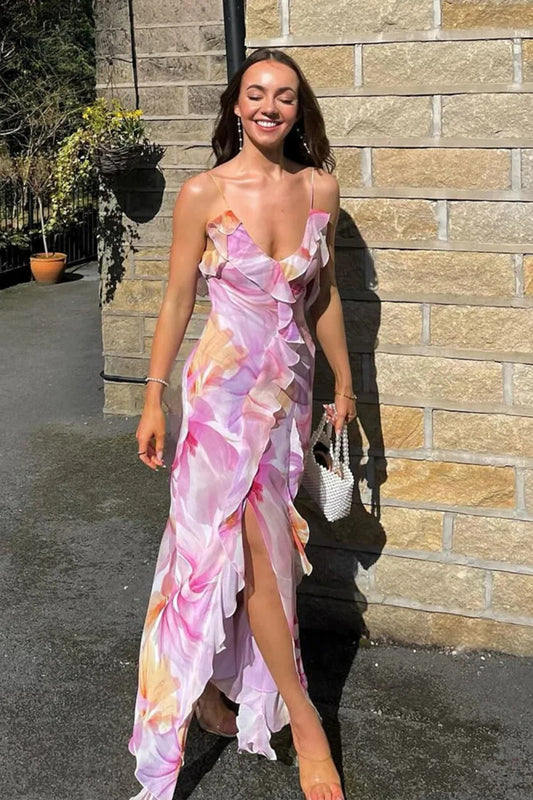 Robe longue patchwork à fleurs et pompons en mousseline de soie