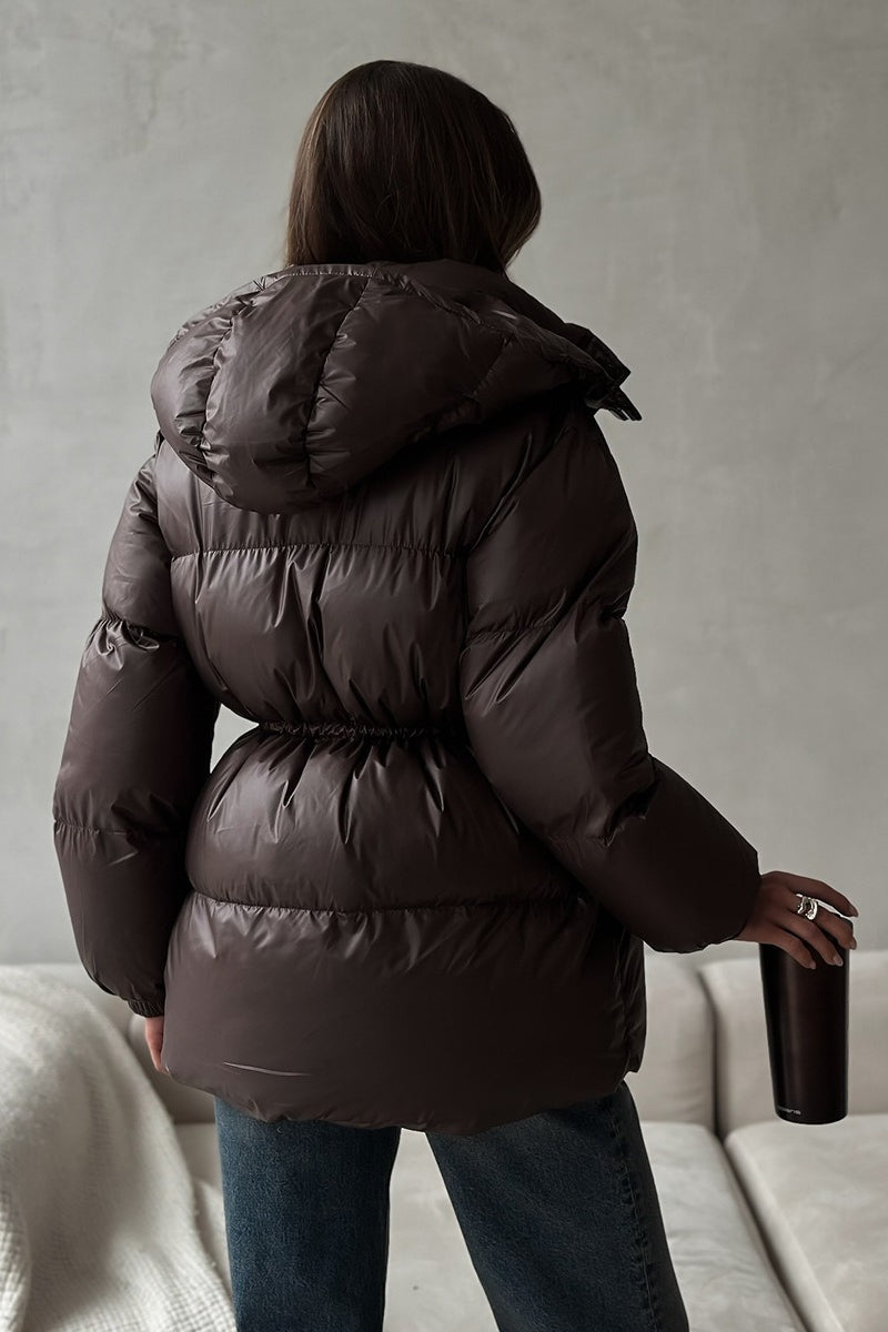 Adjustable Drawstring Hooded Puffer Jacket S / Brown