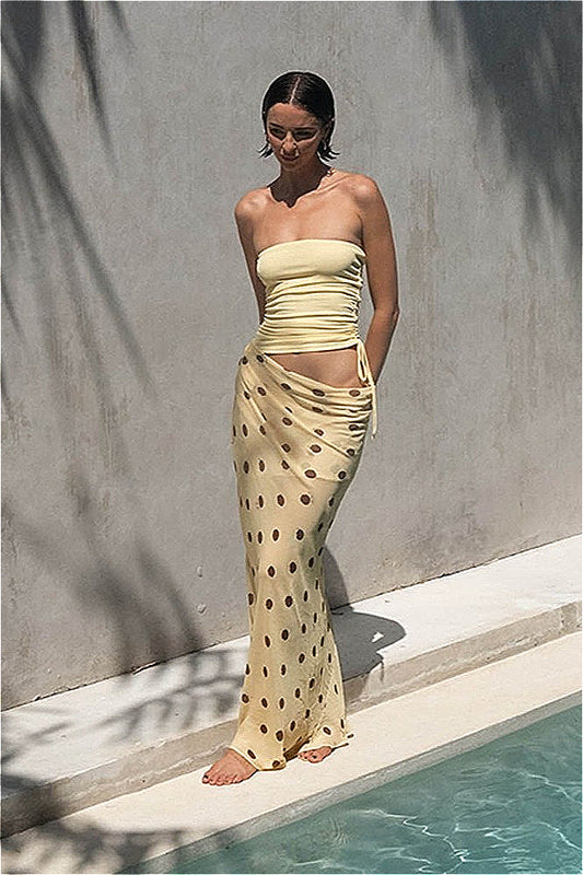 Robe longue moulante sans bretelles à pois