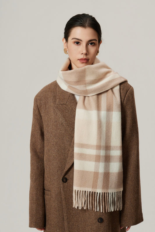 Wool Plaid Minimalist Fringed Scarf