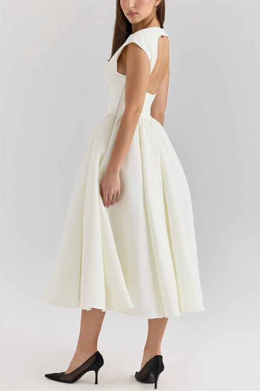 Boat Neck Open Back Flare Maxi Dress