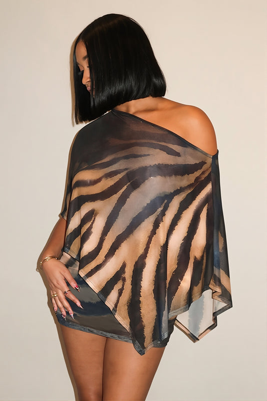 Zebra Print Cape Bodycon Skirt Set
