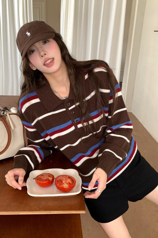 Stripe Polo Collar Relaxed Sweater