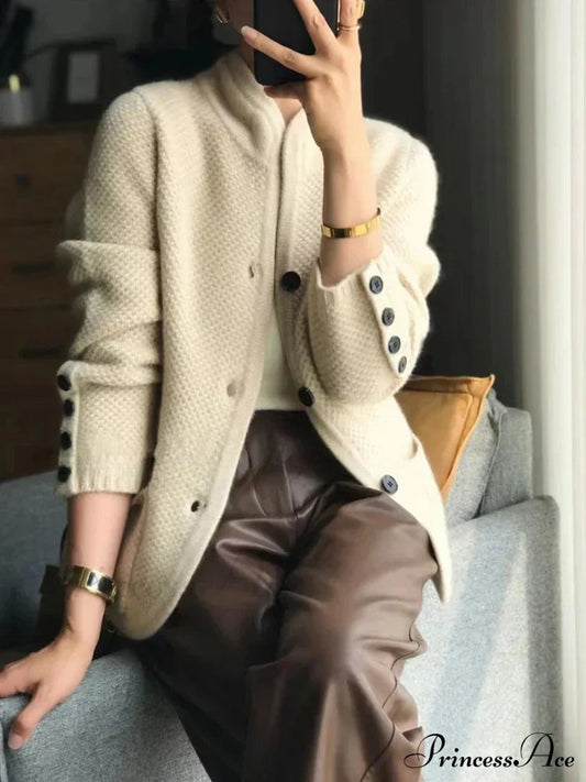 High-end Cashmere Wool Long Sleeve Half Collar Cardigan