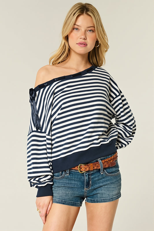Striped Off Shoulder Pullover Sweatshirt