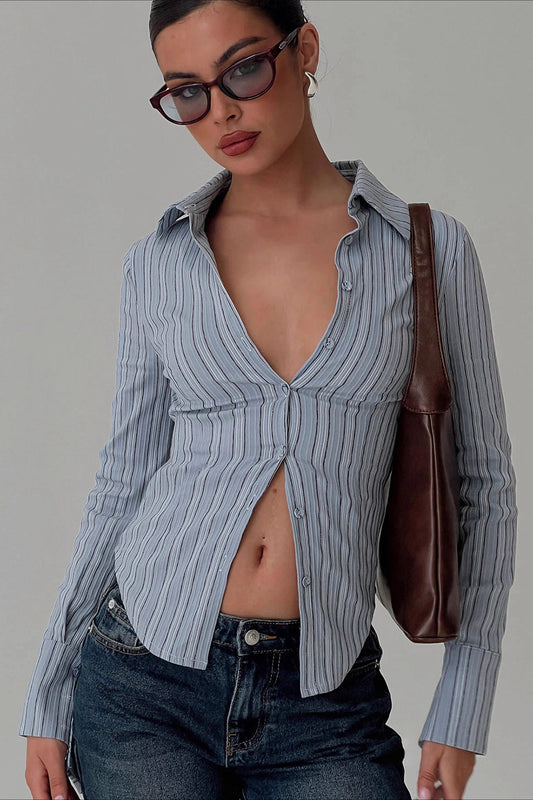 Fitted Striped Collared Buttoned Long Sleeve Blouse