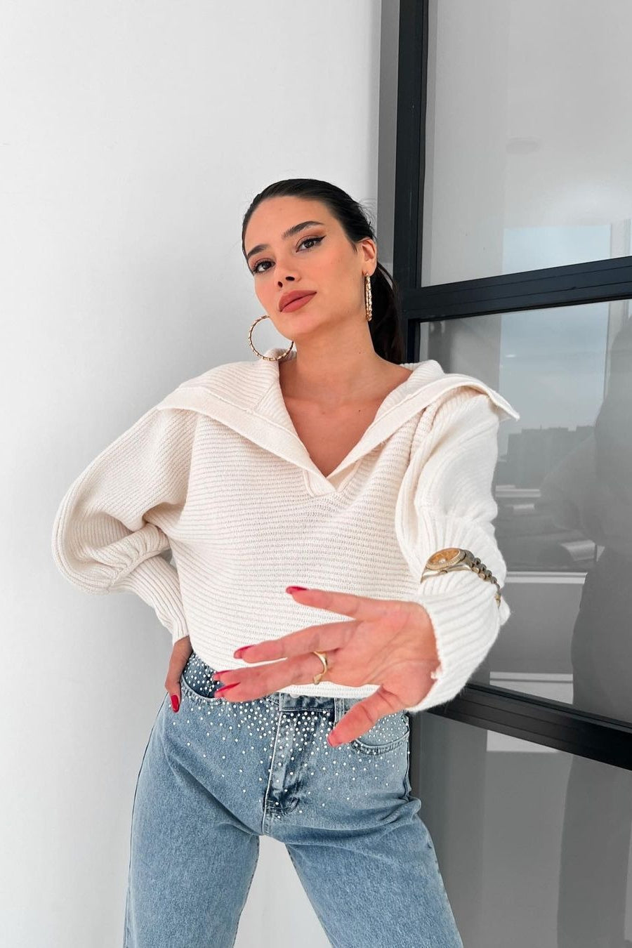 Lantern Sleeve Open Collar Knit Sweater