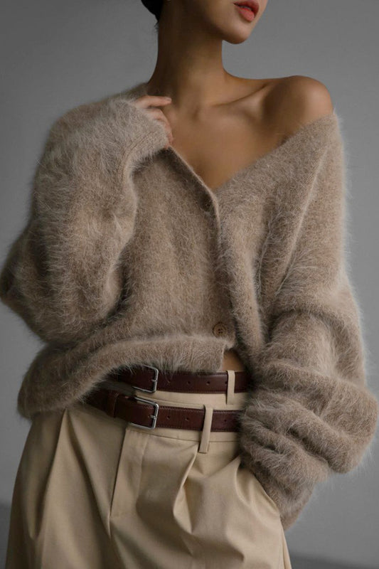 Plush V Neck Relaxed Button Knit Cardigan