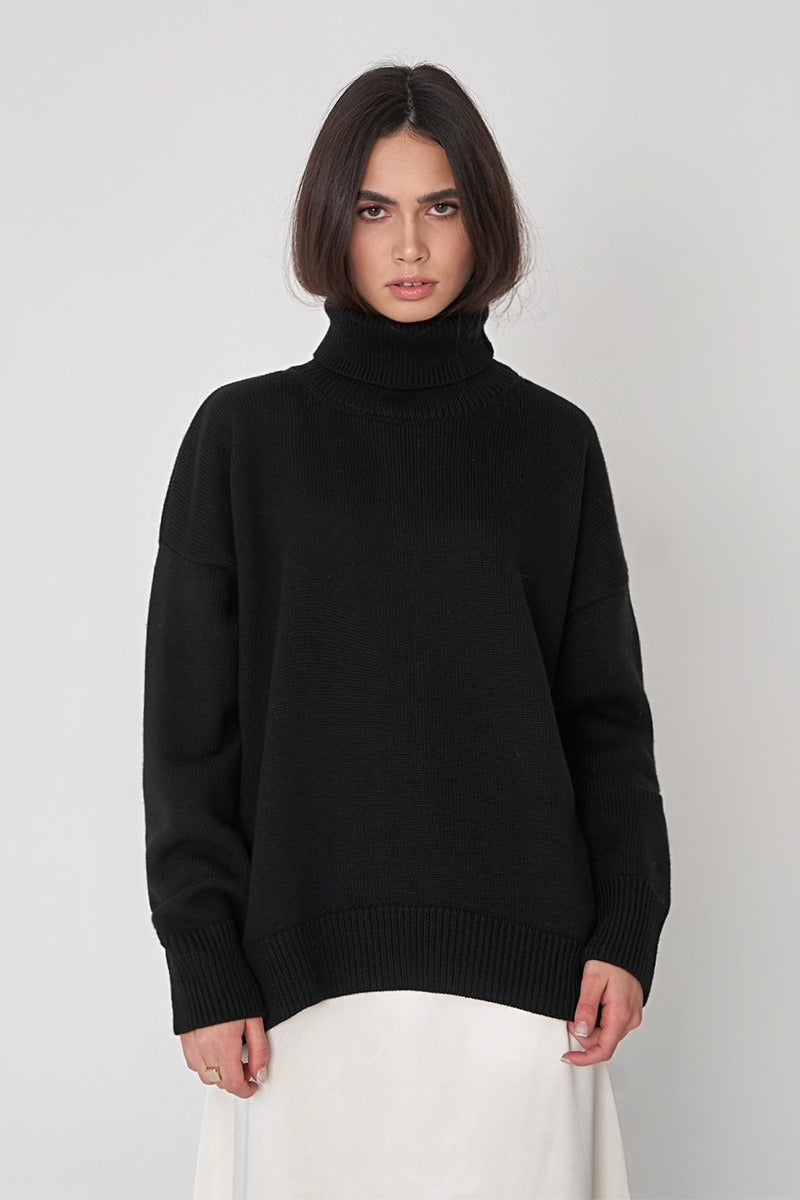 Solid Color High-Neck Loose Knit Sweater Black / S