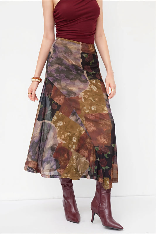 Floral Mesh Asymmetric Slit Midi Skirt