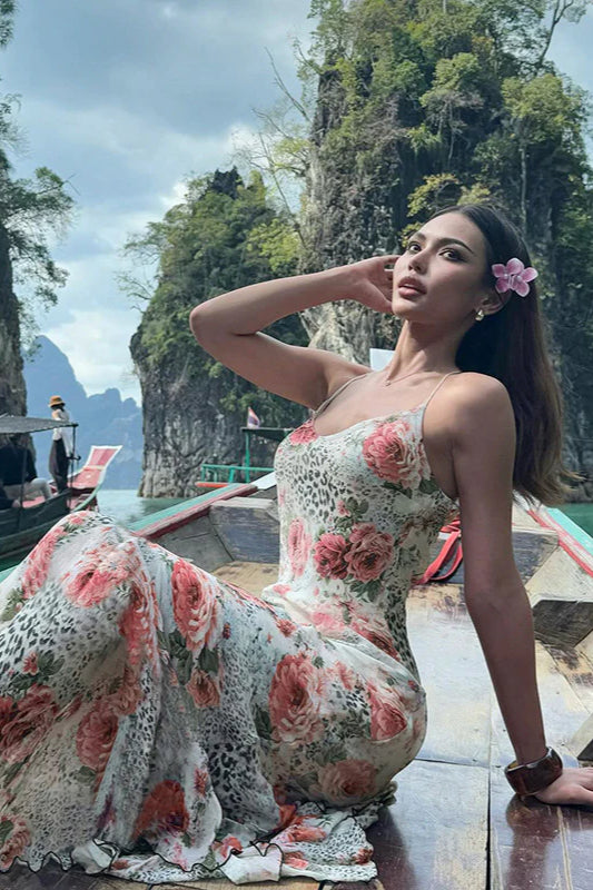 Robe longue moulante dos nu à imprimé léopard et fleurs