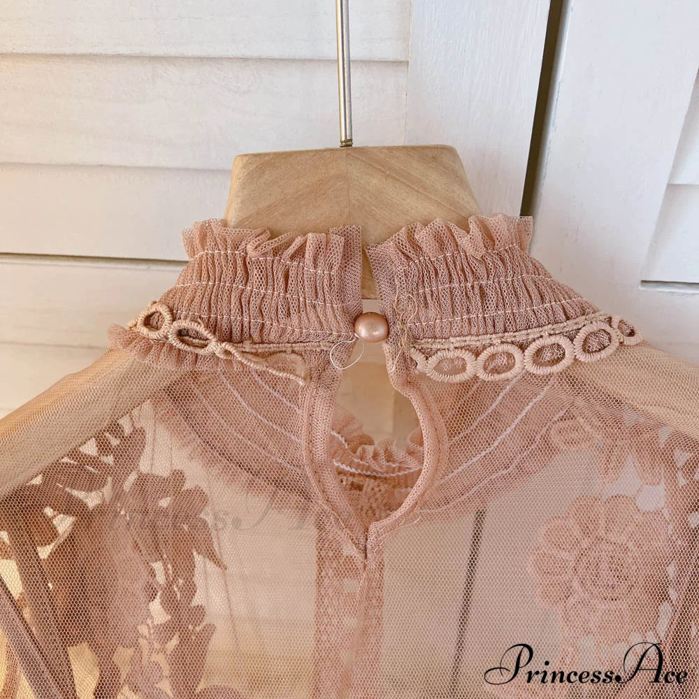 3D Blouse Top Lace Mesh Shirts Spring Lantern Elegant Arm Blusas Women Sheer Flowered Femininas