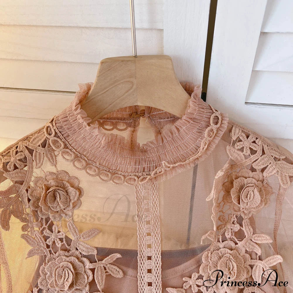 3D Blouse Top Lace Mesh Shirts Spring Lantern Elegant Arm Blusas Women Sheer Flowered Femininas