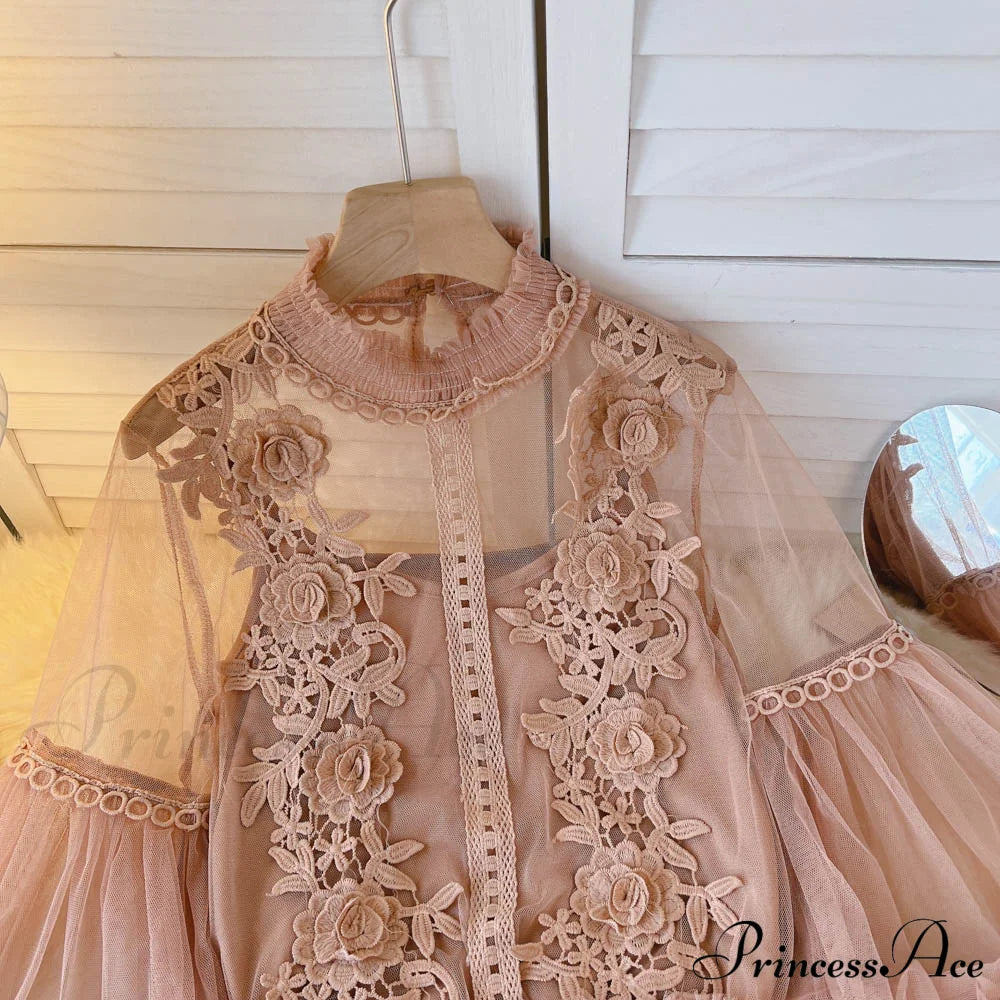 3D Blouse Top Lace Mesh Shirts Spring Lantern Elegant Arm Blusas Women Sheer Flowered Femininas