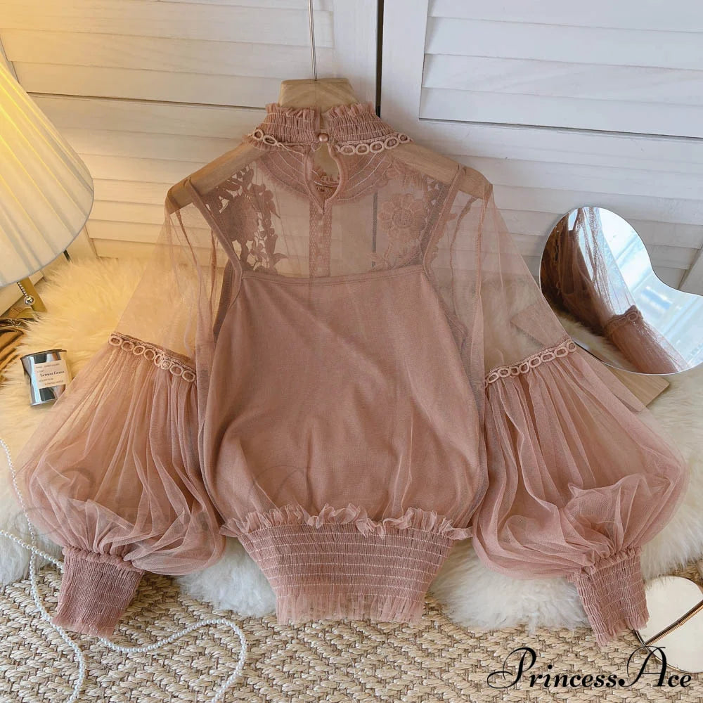 3D Blouse Top Lace Mesh Shirts Spring Lantern Elegant Arm Blusas Women Sheer Flowered Femininas