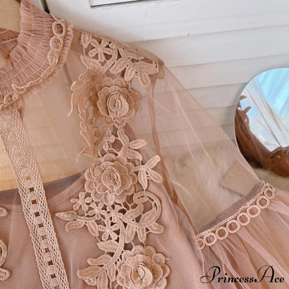 3D Blouse Top Lace Mesh Shirts Spring Lantern Elegant Arm Blusas Women Sheer Flowered Femininas