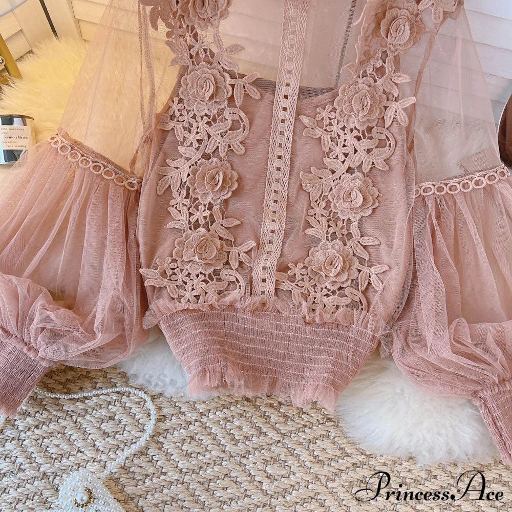 3D Blouse Top Lace Mesh Shirts Spring Lantern Elegant Arm Blusas Women Sheer Flowered Femininas