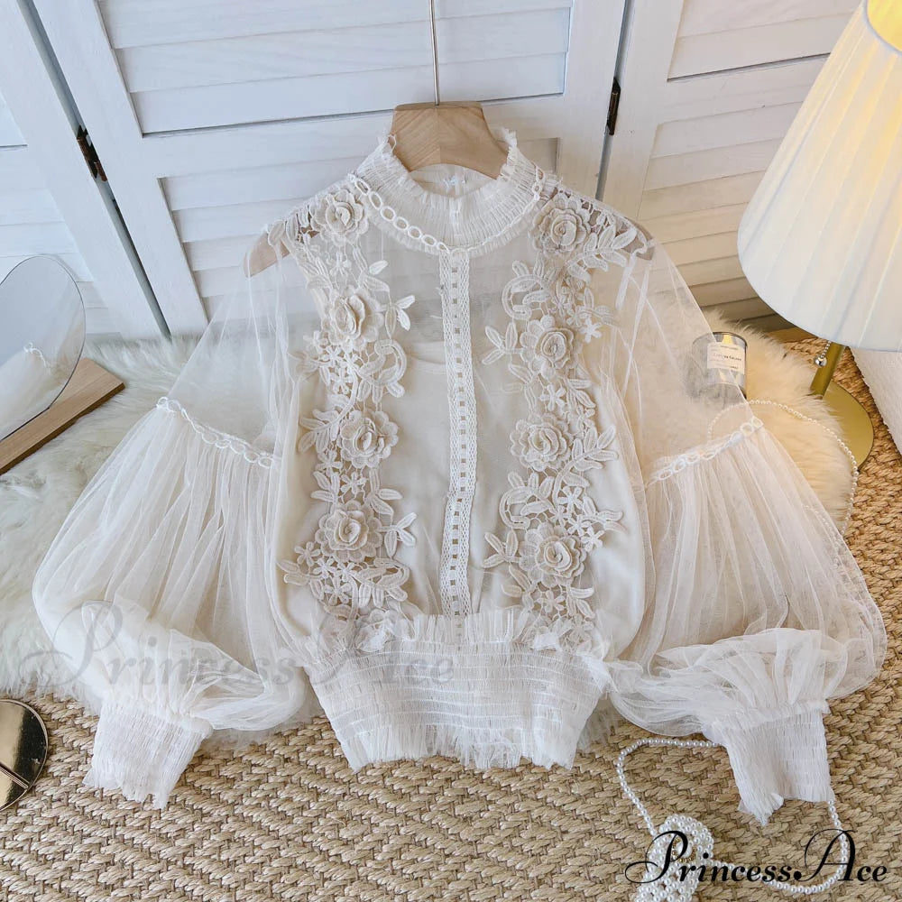 3D Blouse Top Lace Mesh Shirts Spring Lantern Elegant Arm Blusas Women Sheer Flowered Femininas