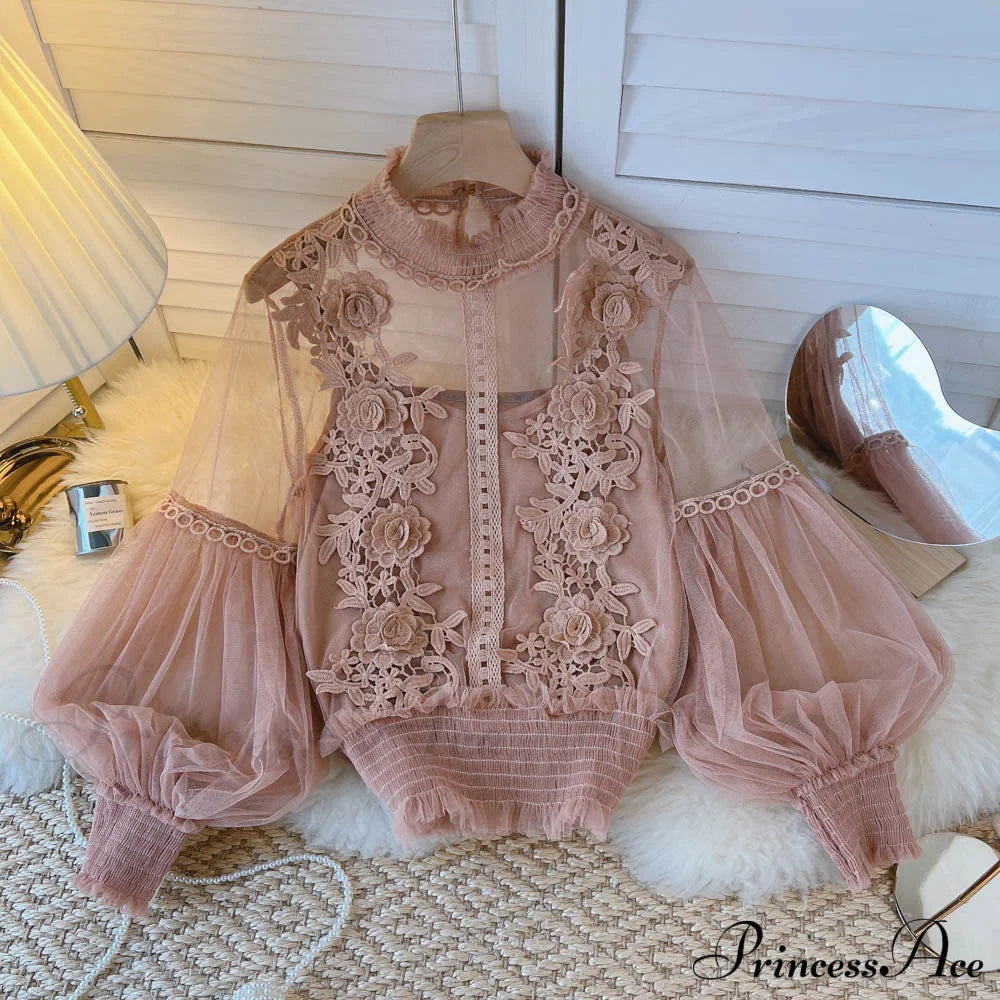 3D Blouse Top Lace Mesh Shirts Spring Lantern Elegant Arm Blusas Women Sheer Flowered Femininas