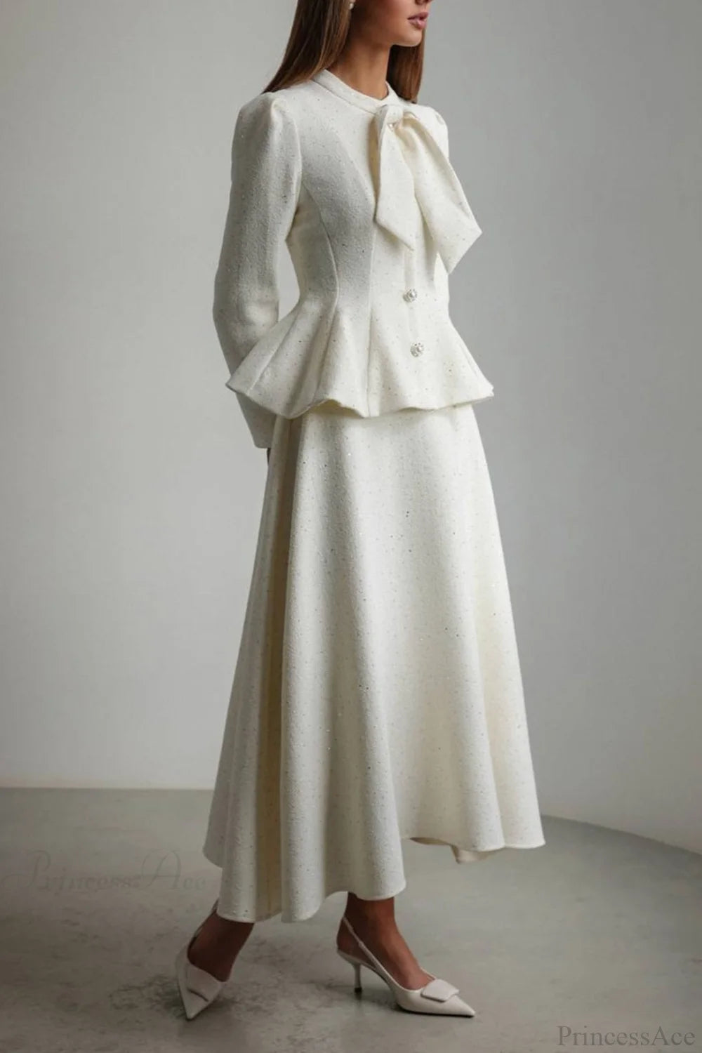 3D Floral Lace Ruffled Hem Elegant Two Piece Set White / S