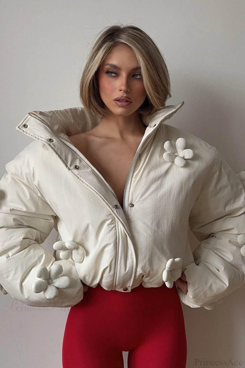 3D Floral Ruffled Hood Cropped Padded Coat