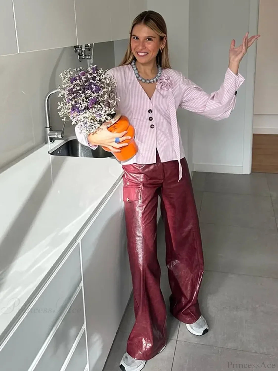 3D Flower Splicing V Neck Pink Blouse blouse-250223