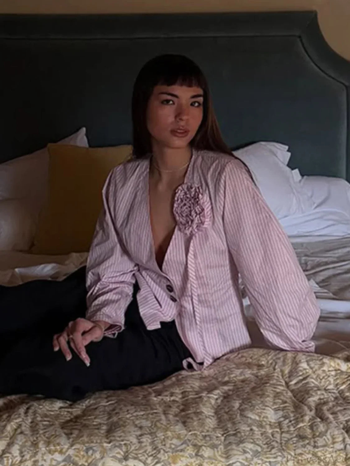 3D Flower Splicing V Neck Pink Blouse blouse-250223