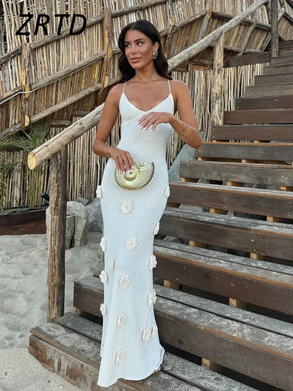 3D Flower V-neck Backless Lace-Up Maxi Floral Dress floraldress-250126