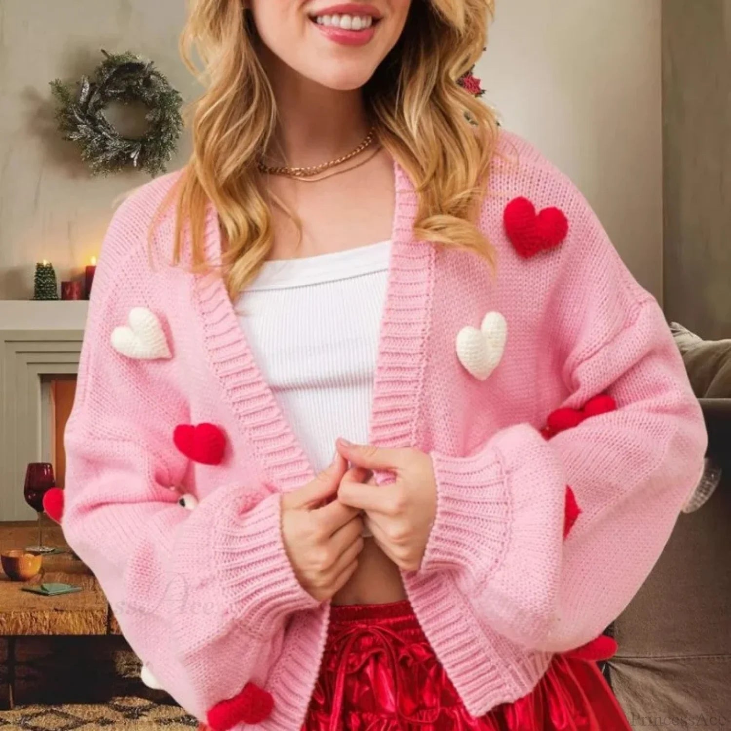 3D Heart Print Single Breasted Knit Cardigan cardiagn-250126