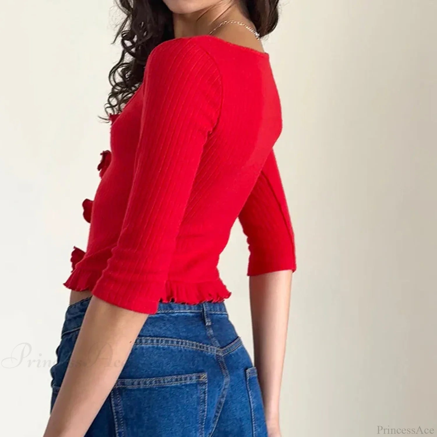 3D Rosette Front Hollow Out Vintage Half Sleeve Elegant Lady Slim Fit Y2K Crop Top croptop-250126