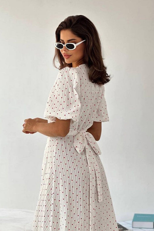 Robe longue portefeuille en coton à imprimé cœur et col en V