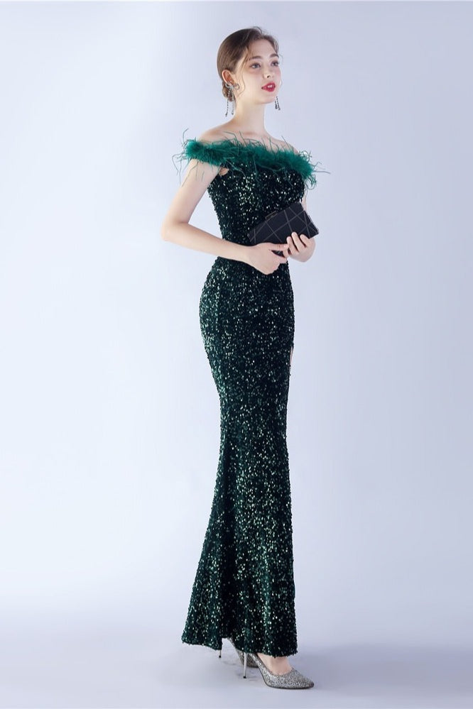 Velvet Sequin Ostrich Feather Off Shoulder Formal Dress