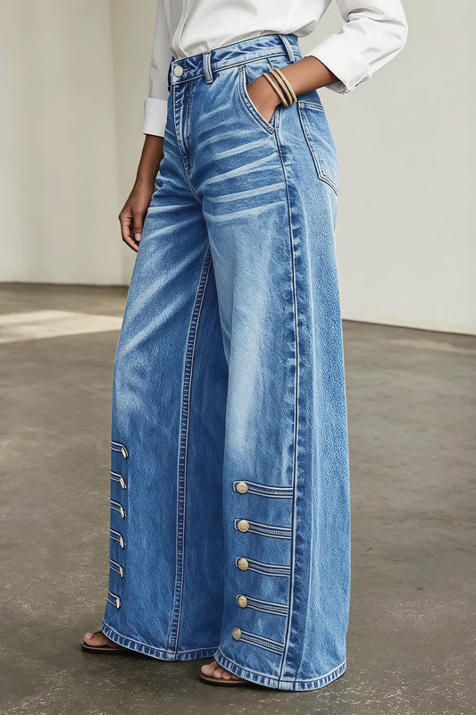 Button Side High Rise Wide Leg Jeans
