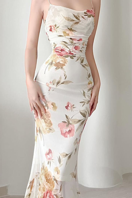 Robe de soirée sirène en maille fleurie