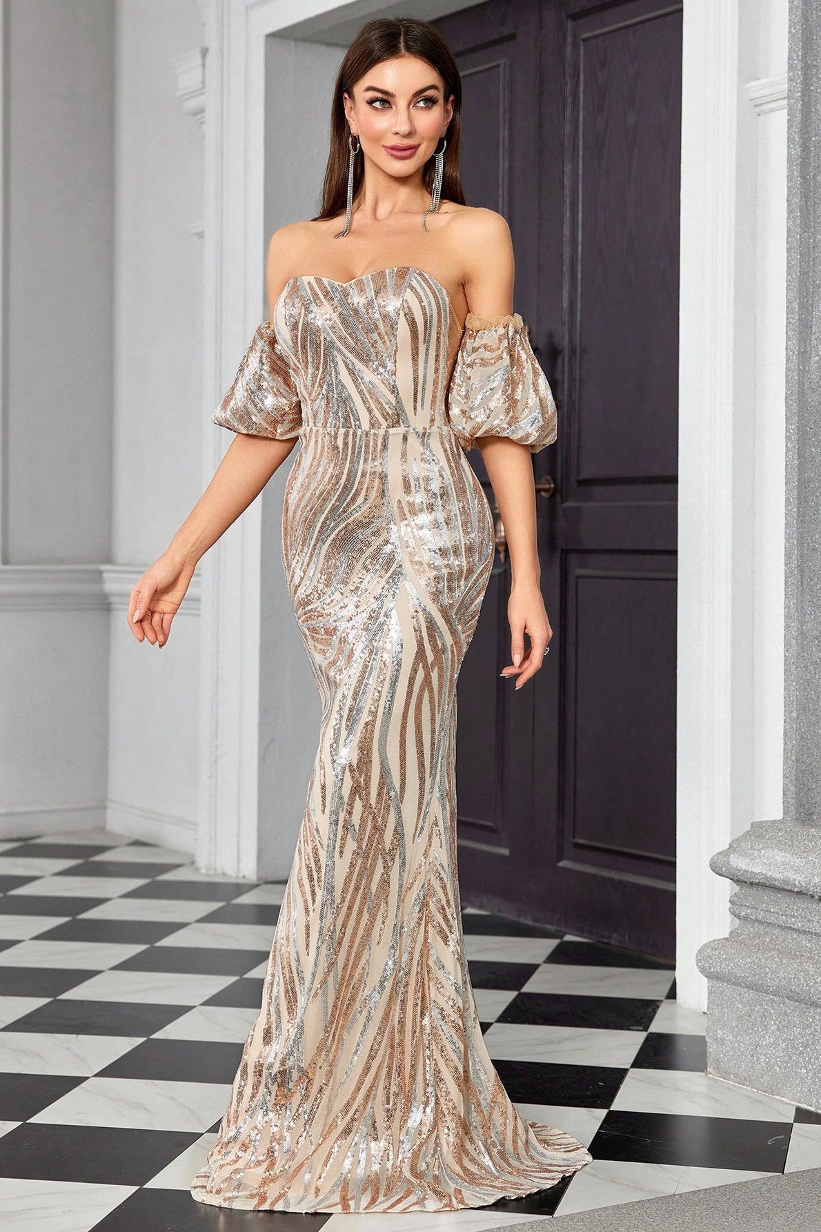 Elegant Sequin Fitted Mermaid Wedding Dress Champagne / S