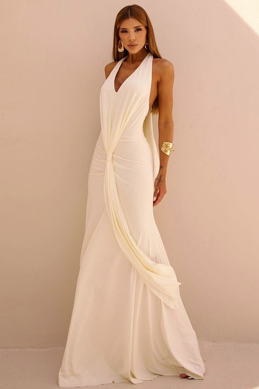 Draped Halter Fishtail Maxi Dress