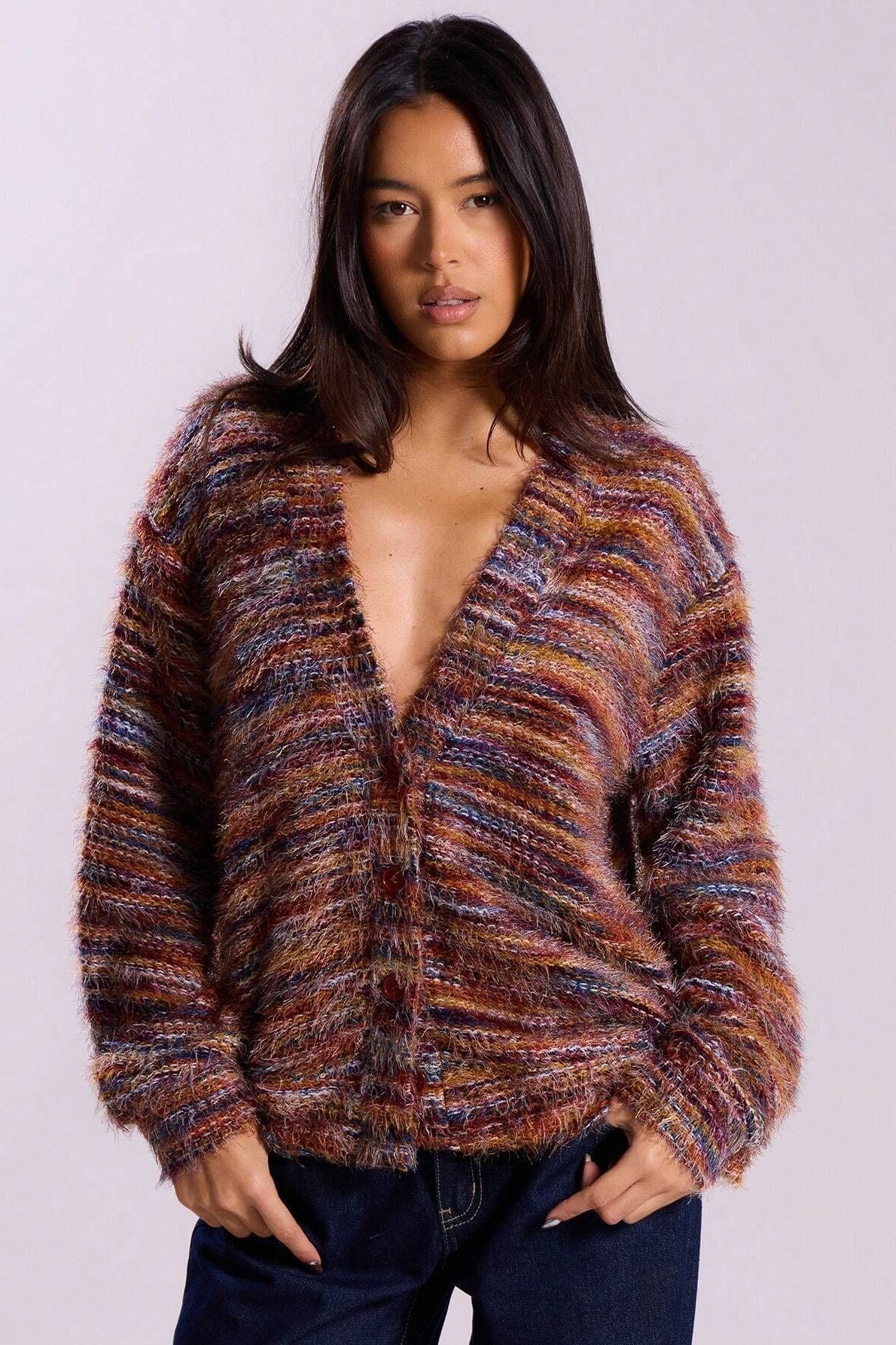 Color Blocked V Neck Cardigan S / Red