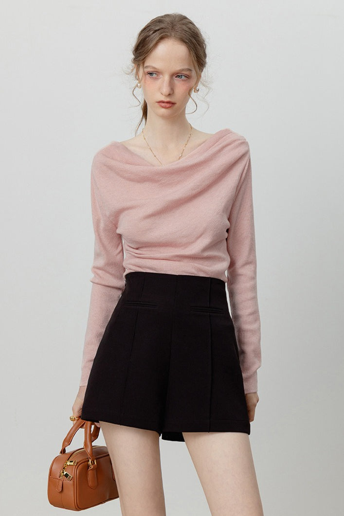 Off-Shoulder Draped Collar Waist-Cinched Knit Top Blue / S