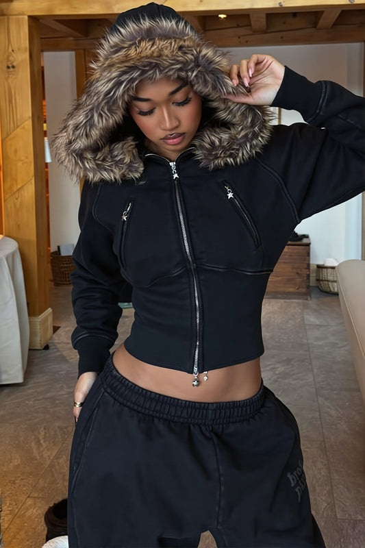 Faux Fur Trim Fitted Cropped Zip Hoodie