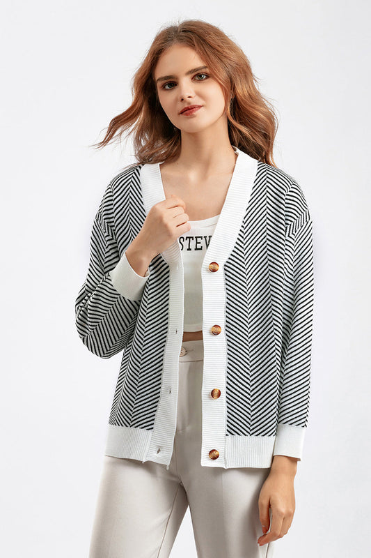 Striped V Neck Buttoned Knit Sweater One Size / Light Gray