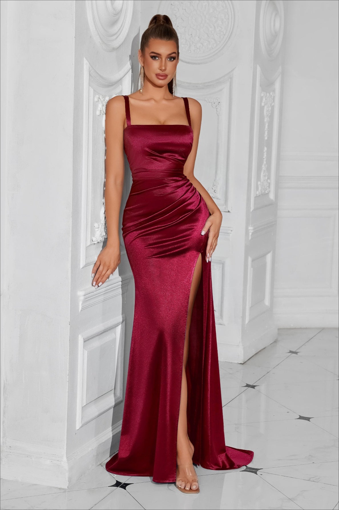 Satin Split Bodycon Party Dress XS / Claret