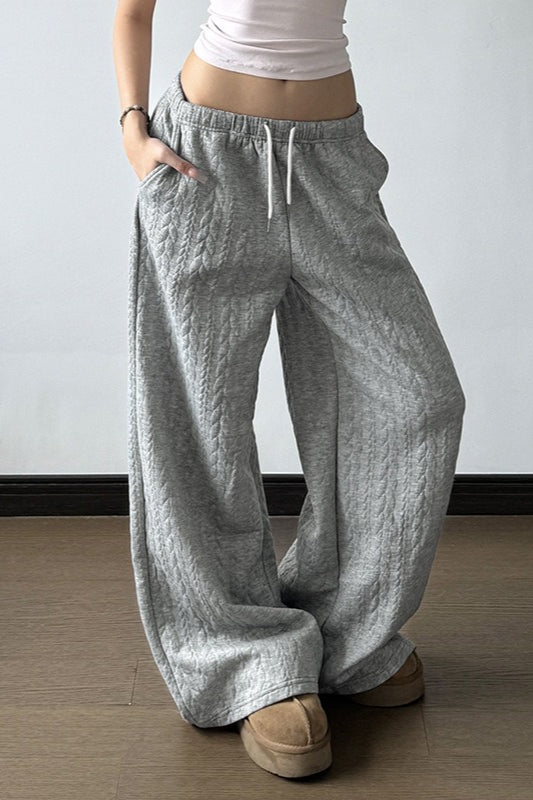 Solid Warm Wide Leg Tie Waist Pants Grey / S