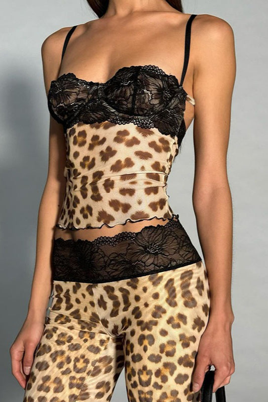Leopard Print Lace Cami Crop Low Waist Pants Two Piece Set