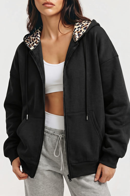 Leopard Lined Oversized Zip Hoodie